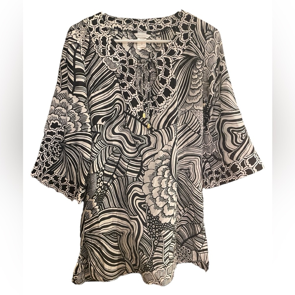 Trina Turk Black White Floral Sheer Cotton/Silk 3/4 Sleeve Tunic Top Size Medium